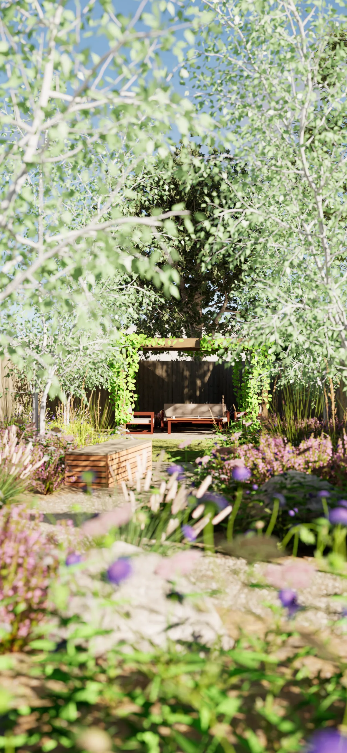Wide photorealistic 3D garden render showing a terrace, soft planting and lawn at dusk