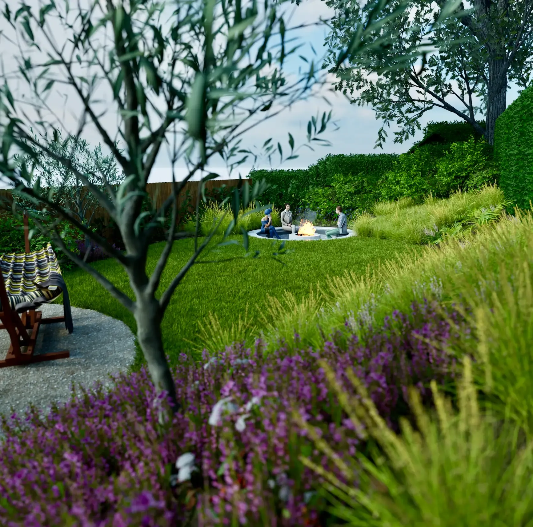 Pathway framed by structural planting and soft borders