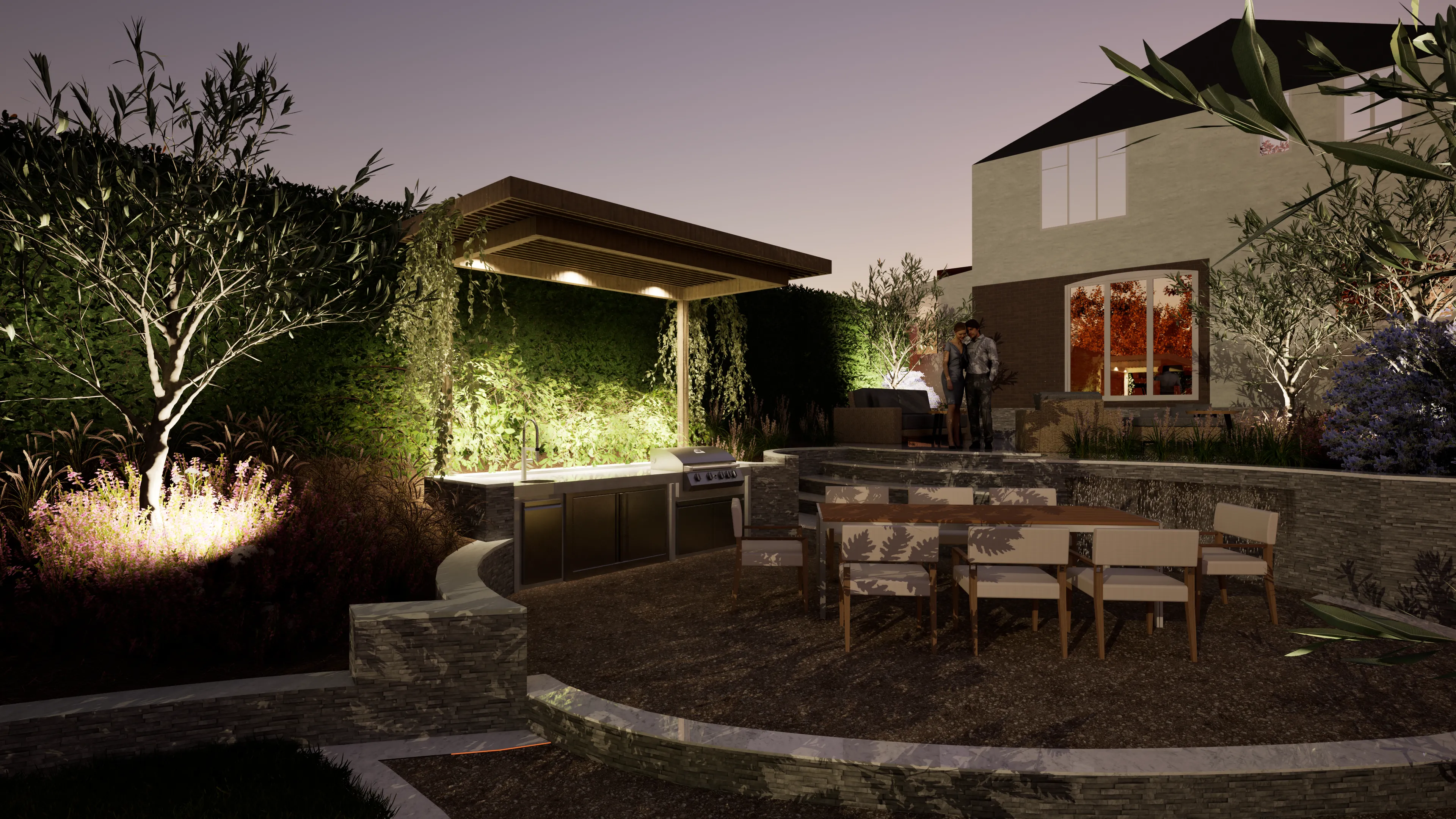 Evening terrace lighting and layered planting.