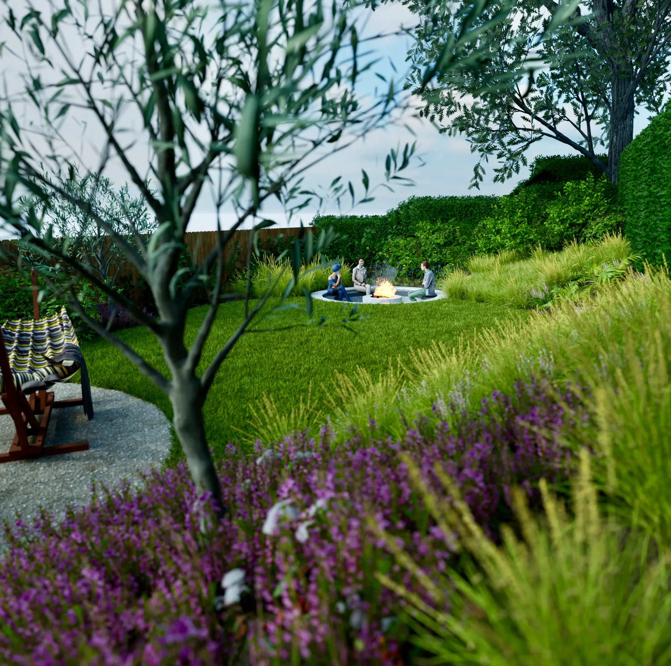 Terrace view showing planting depth and evening atmosphere.