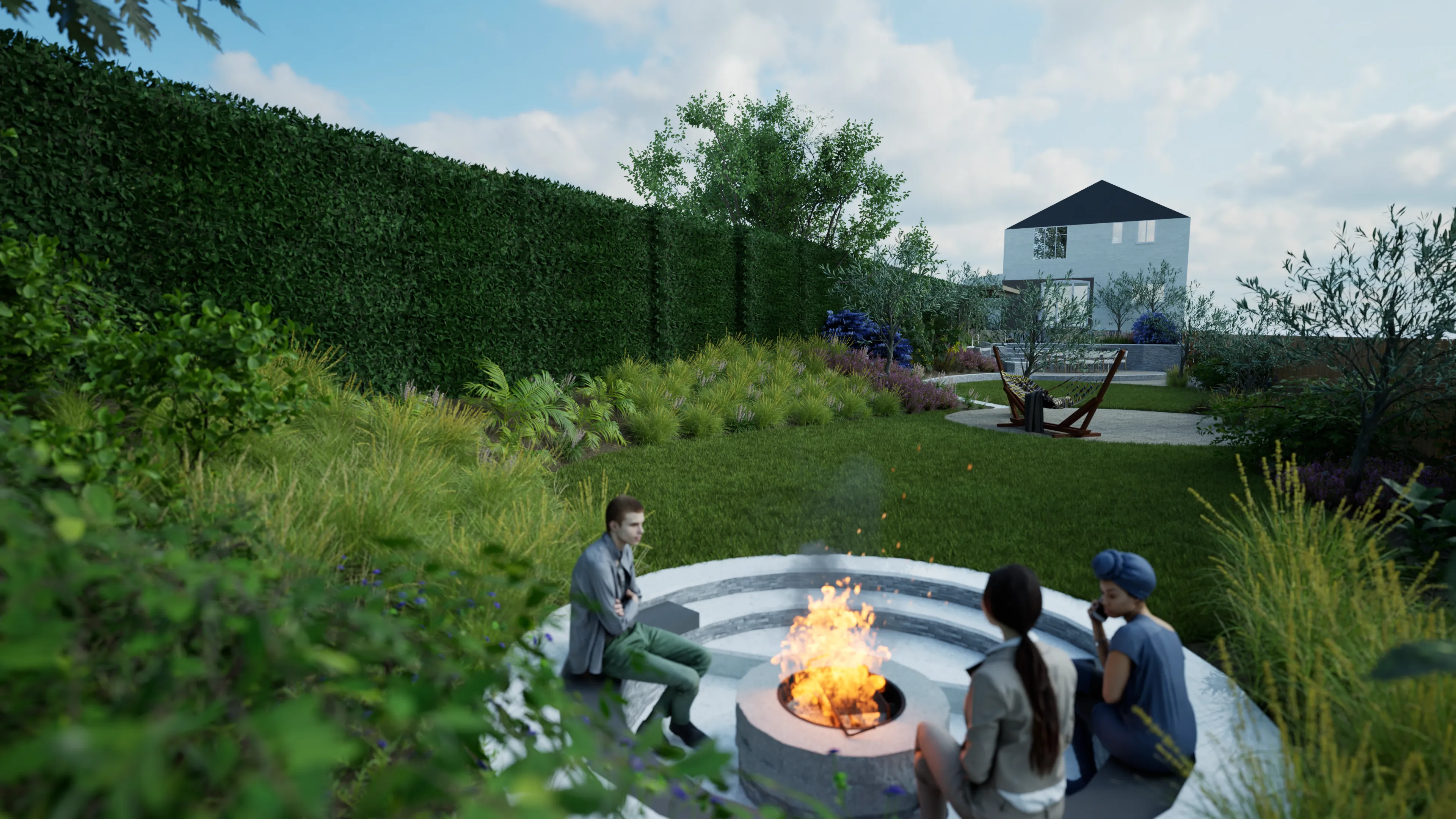 Framed courtyard perspective from the main seating area.