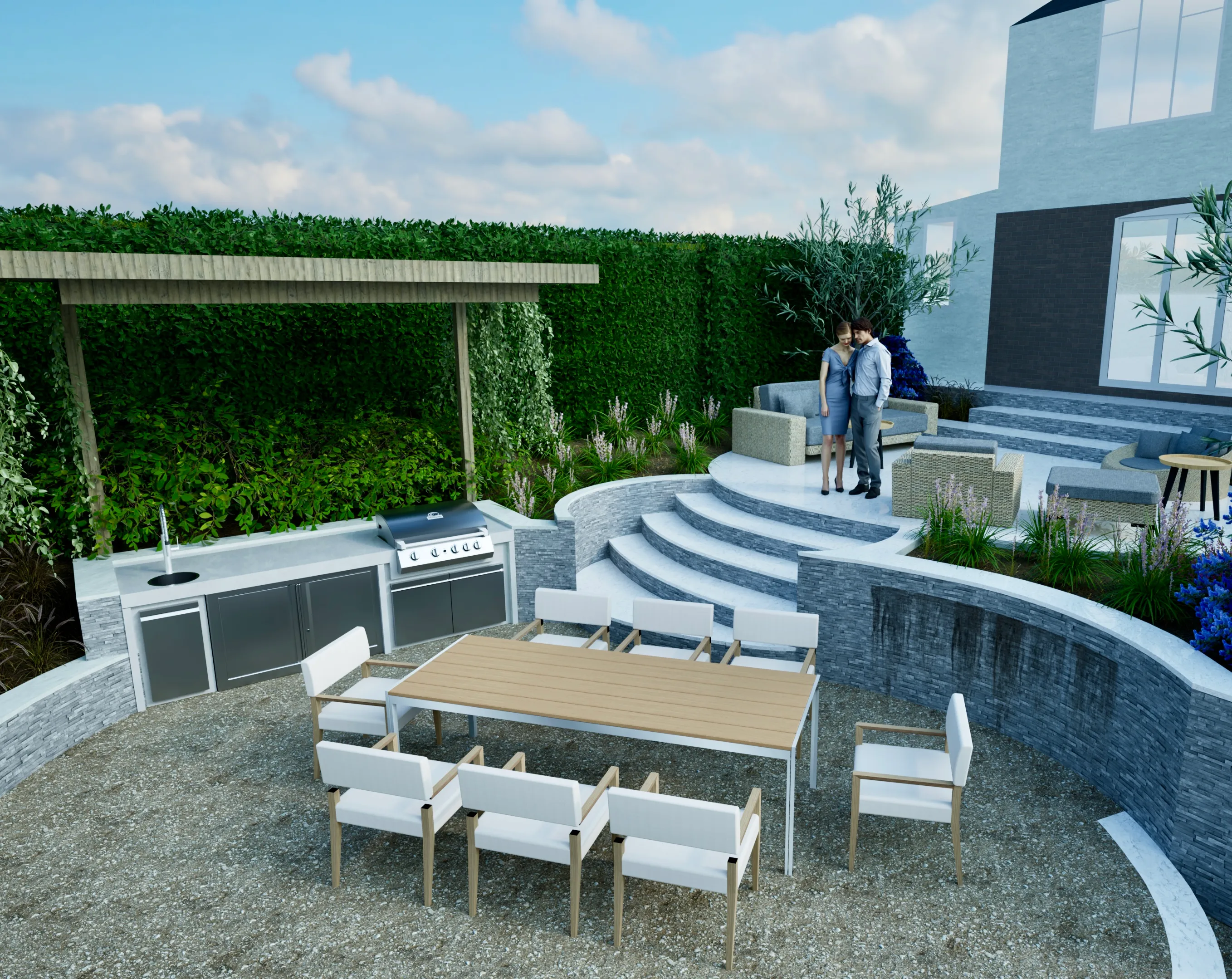 Multi-level steps, seating terraces and framed views.