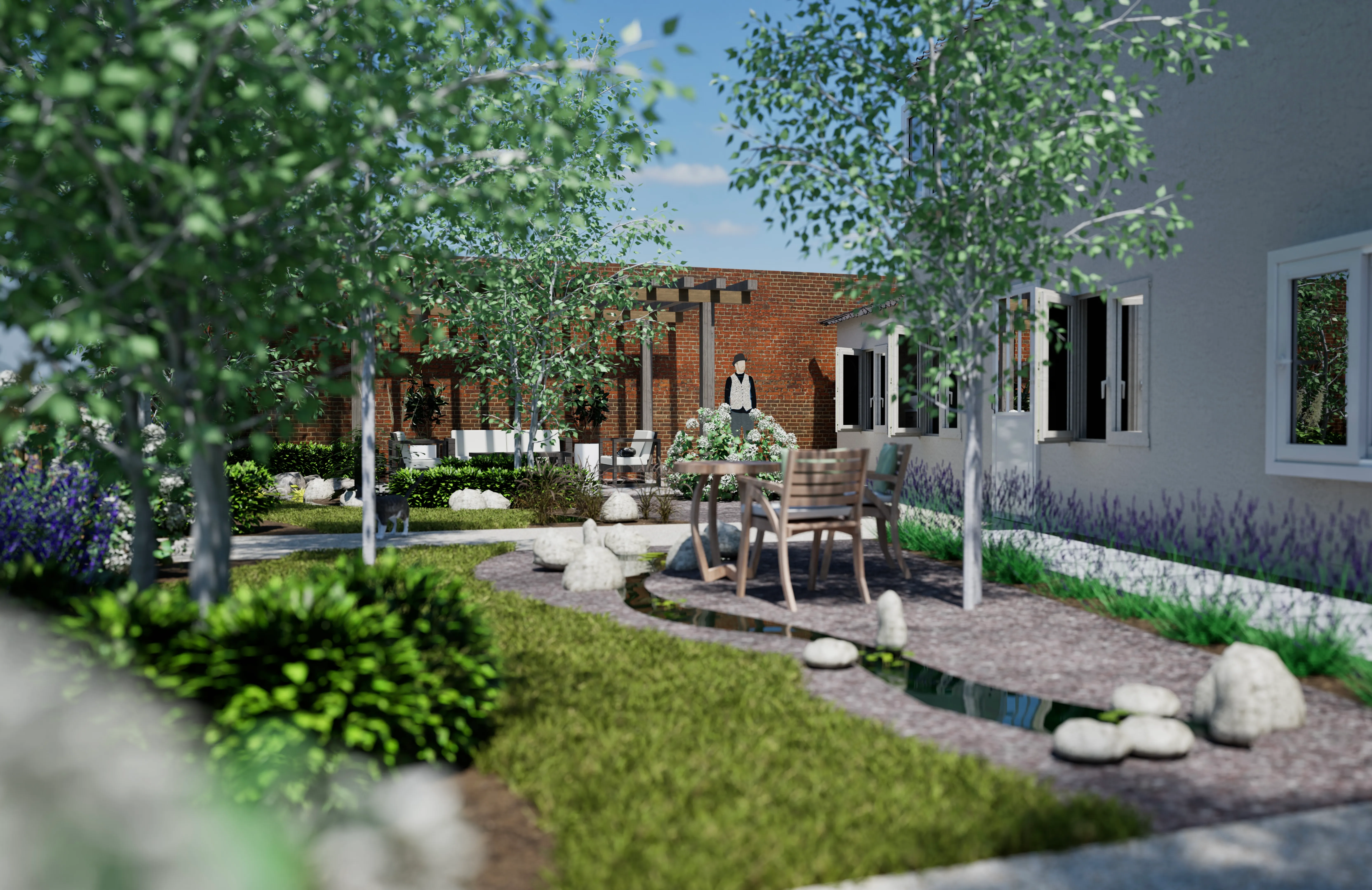 Intimate corner with feature tree and textured planting.