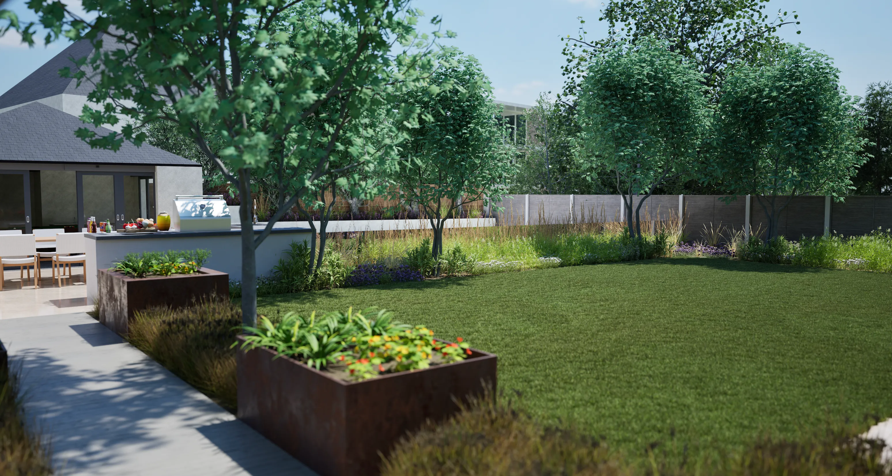 Outdoor living zone under low evening light.